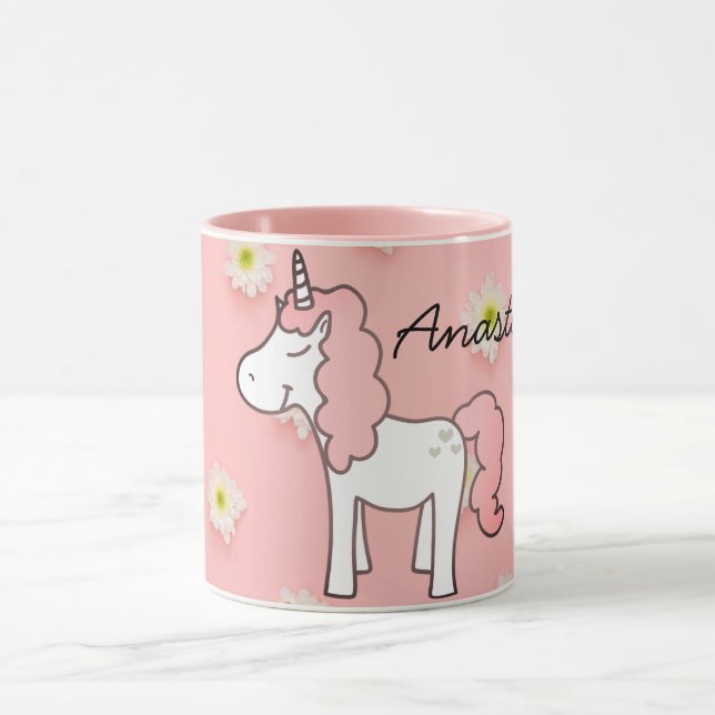Sweet Pink Unicorn, Blume und Ihr Name Tasse (Zentrum)