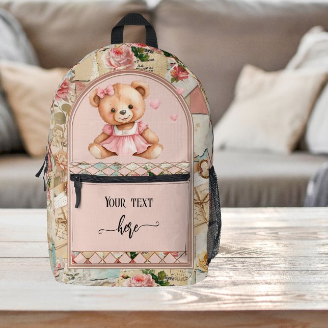 Sweet Pink Vintag Scrapbook Boho Chic Bedruckter Rucksack (Backpack featuring a vintage pink design in scrapbook style. With cute teddy bear for a new mom)