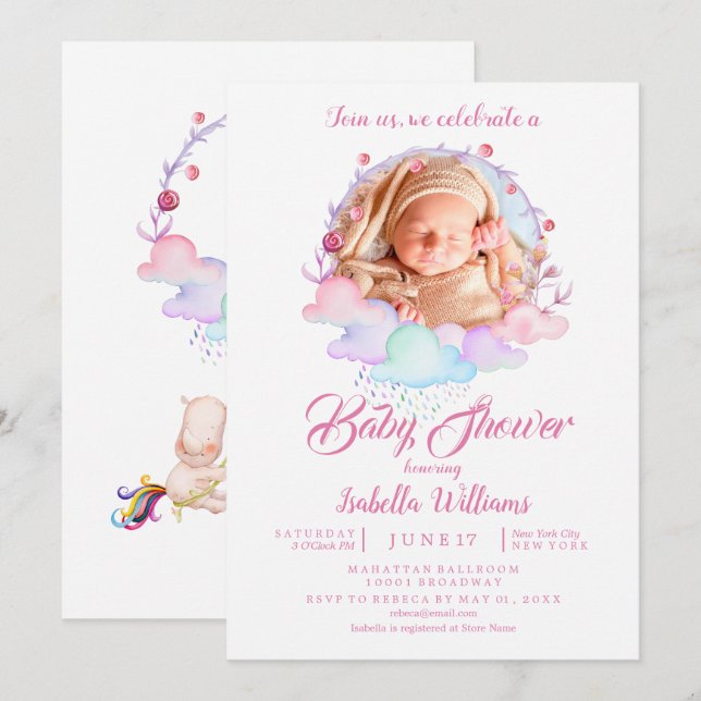 Sweet Pink Watercolor Girl Foto Babydusche Einladung (Vorne/Hinten)