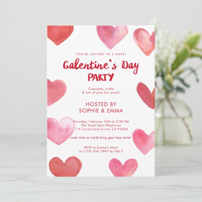 Sweet Pink Watercolor Hearts Galentine’s Day Party Einladung (Stehend Vorderseite)