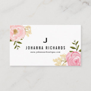 Sweet Pink Watercolor Peonies Floral Monogram Visitenkarte