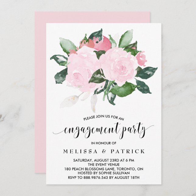 Sweet Pink Watercolor Rose Engagement Party Einladung (Vorne/Hinten)