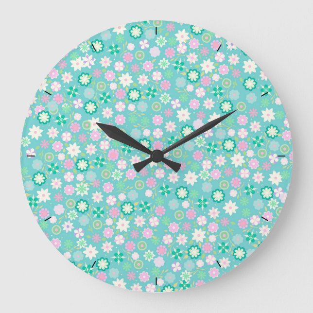 Sweet Pink White Aquamarin Ditsy Floral Pattern Große Wanduhr (Vorderseite)
