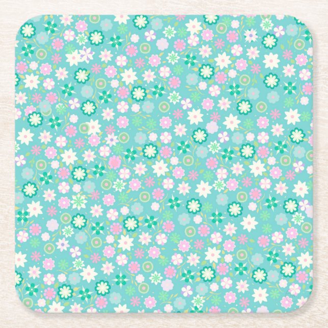 Sweet Pink White Aquamarin Ditsy Floral Pattern Rechteckiger Pappuntersetzer (Vorderseite)