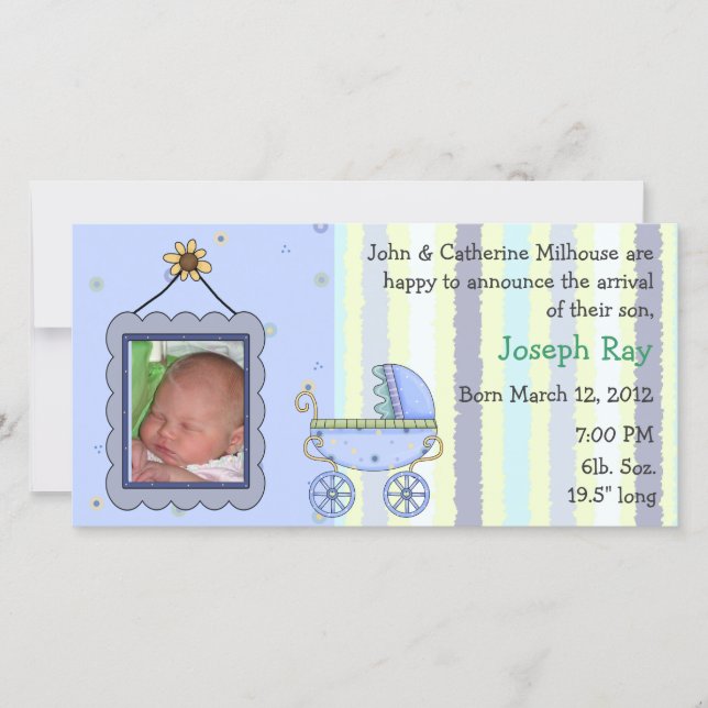 Sweet Pram Boy Birth Announcement Foto Card Ankündigung (Vorderseite)