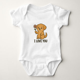 Sweet Puppy Holding Flower – I LOVE YOU Cute Dog A Baby Strampler