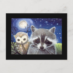 Sweet Raccoon and Owl Art Postkarte