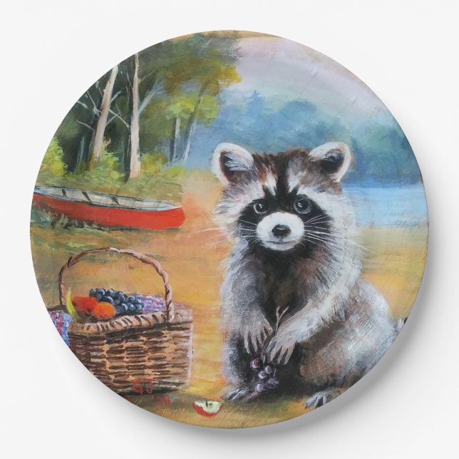 Sweet Raccoon, Kanu, Sommerszene Papier Plate Pappteller (Vorderseite)