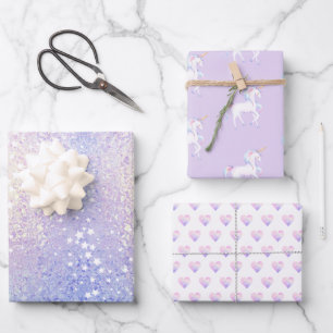 Sweet Rainbow Unicorn Hearts Glittery Geschenkpapier Set