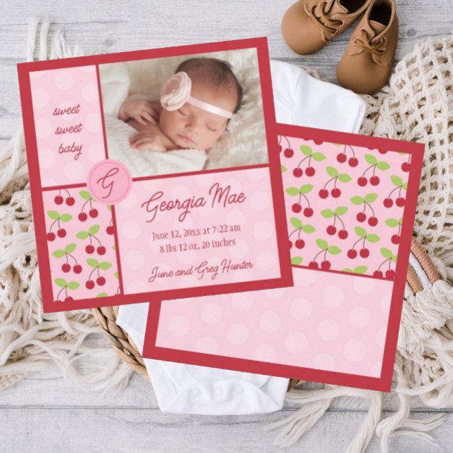 Sweet Red Cherry Baby Girl Geburtsankündigung Ankündigung (cherry birth announcement, pink and red birth announcement, photo baby birth announcement, template)