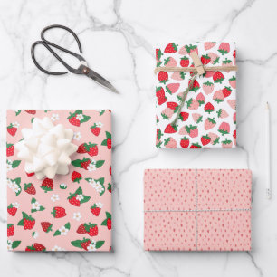 Sweet Red Pink Erdbeeren Weiße Blume Muster Geschenkpapier Set