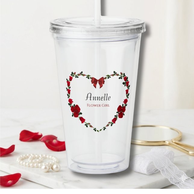 Sweet Red Roses Flower Girl Gift Acryltrinkbecher (Sweet Personalized Flower Girl Tumbler featuring a Romantic Red Rose Heart Design)