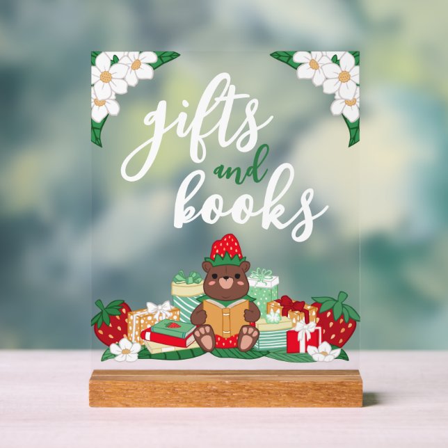 Sweet Red Strawberry Bear gibt Bücher Kinderdusche Acrylschild (Neutral)