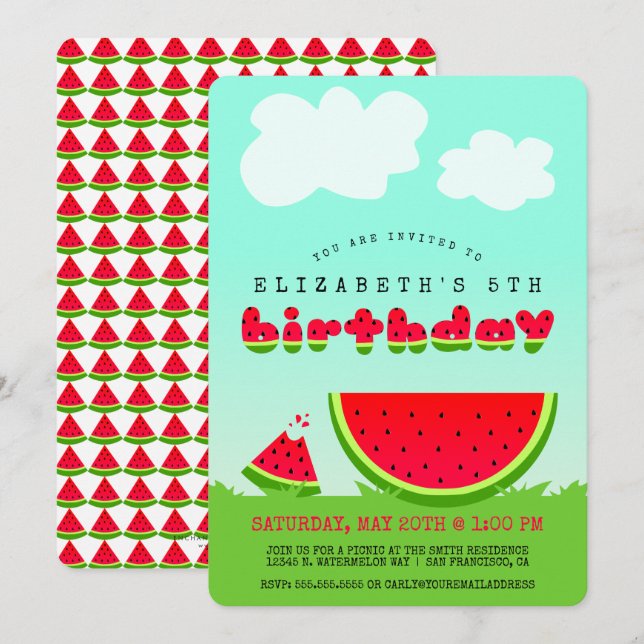 Sweet Red Watermelon Kinder Sommerzeit Geburtstag Einladung (Vorne/Hinten)