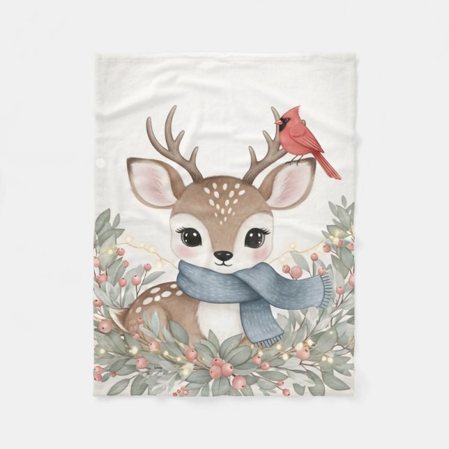 Sweet Reindeer & Cardinal Watercolor Christmas Art Fleecedecke (Vorderseite)