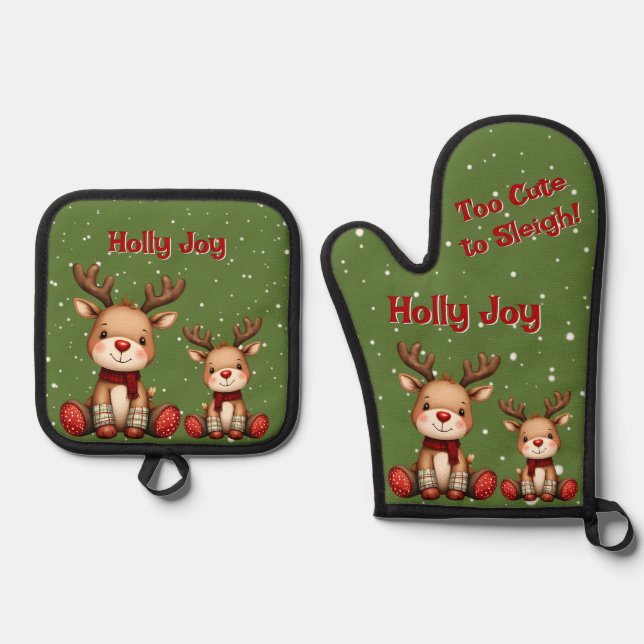 Sweet Reindeer Pair in Holiday Snowfall Ofenhandschuh & Topflappen-Set (Vorderseite)