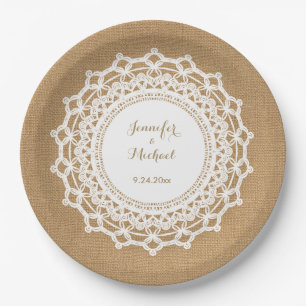 Sweet Rustic Burlap Look und White Lace Wedding Pappteller