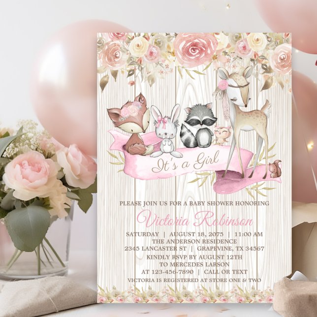 Sweet Rustic Forest Woodland Animal Baby Dusche Einladung (Cute woodland baby shower invitation with sweet baby animals on a rustic wood and floral background.)
