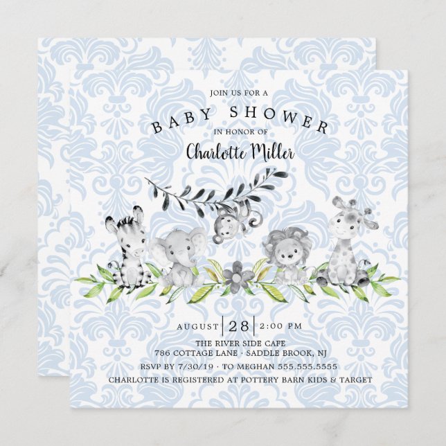 Sweet Safari Animals Boys Baby Dusche Einladung (Vorne/Hinten)