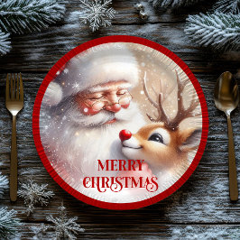 Sweet Santa and Red Nose Rudolph Holiday Plates Pappteller
