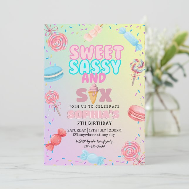 Sweet sassy & Sieben Ice Cream & Candy Girl Geburt Einladung (Stehend Vorderseite)