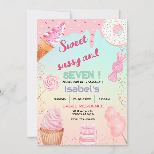 Sweet Sassy und Seven Candy Birthday Einladung (Vorderseite)