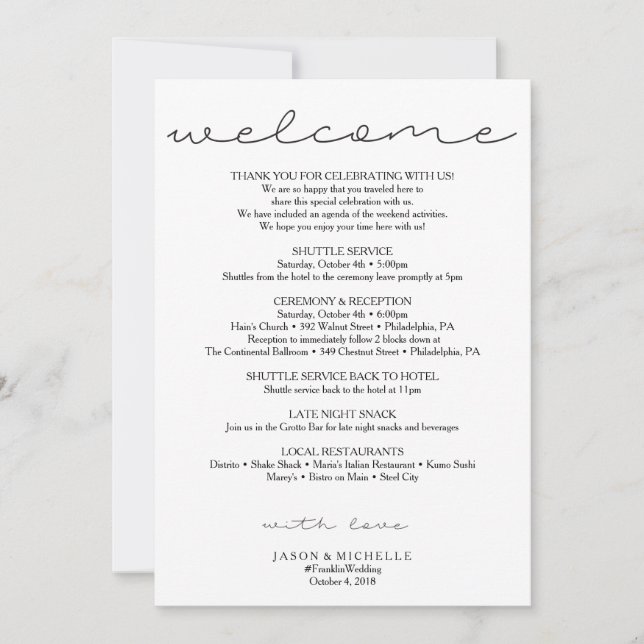 Sweet Script Wedding Itinerary - Begrüßung Einladung (Vorderseite)