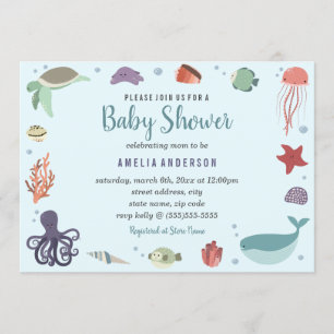 Sweet Sea Creatures Coral Blue Baby Shower Einladung