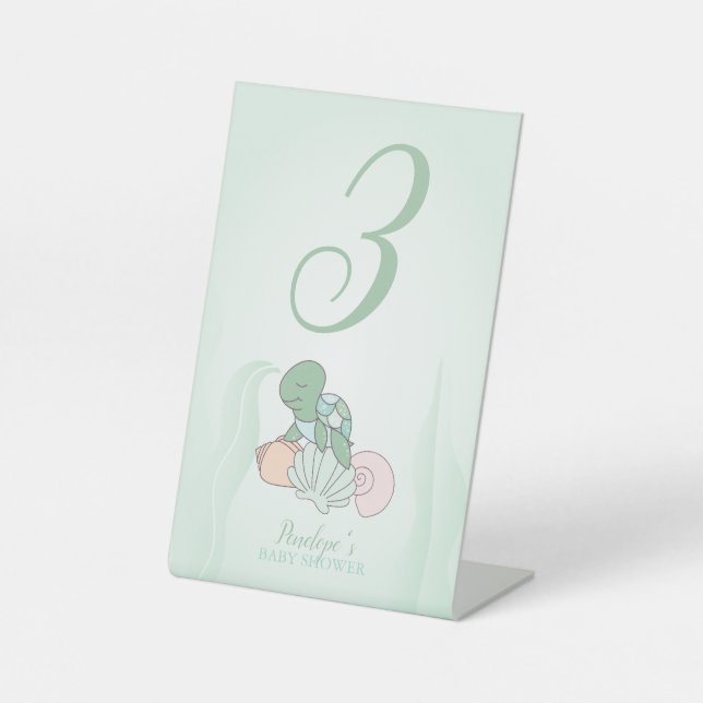 Sweet Sea Turtle Baby Dusche Tischnummer Sockelschild (Vorderseite)