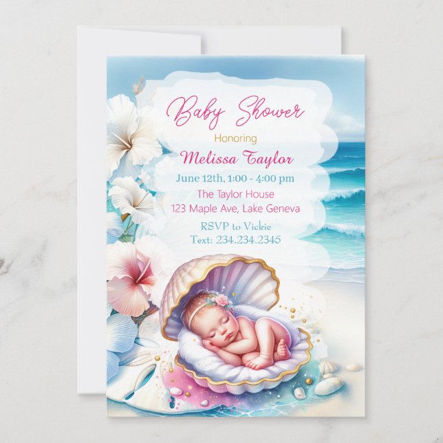 Sweet Seaside Girl's Baby Shower Coastal Thema Einladung (Vorderseite)