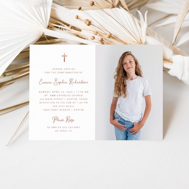 Sweet Simple | Foto Imitate Rose Gold-Bestätigung Einladung (An elegant, faux rose gold Confirmation invitation with your photo)