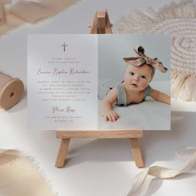 Sweet Simple | Imitate Rose Gold mit Foto Taufe Einladung (A sweet and whimsical Baptism invitation with photo and faux rose gold cross)