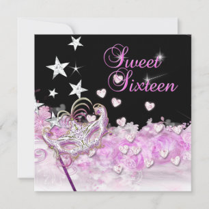 Sweet Sixteen 16 Rosa Masken Herzen Sterne Einladung
