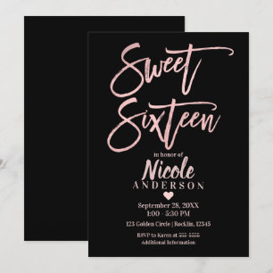 SWEET SIXTEEN 16 Rose Gold Folie & Schwarz Modern Einladung