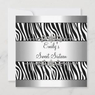Sweet Sixteen 16 Schwarz Weiß Zebra Silber Geburts Einladung