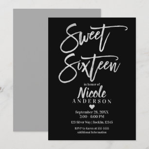 SWEET SIXTEEN 16 Silber Graue Folie & Schwarz Mode Einladung