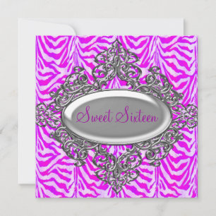 Sweet Sixteen 16 Zebra Lila Weiß Silber 2 Einladung