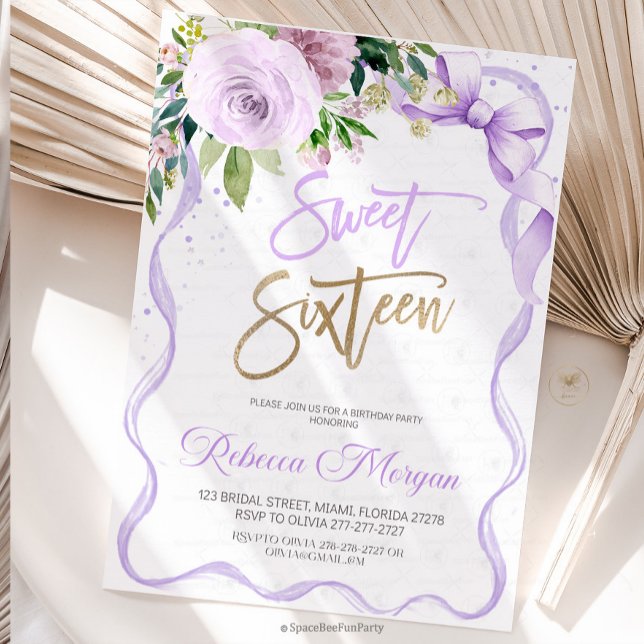 Sweet Sixteen 16th Einladung (Sweet Sixteen, Sweet 16 Invitation, 16th Birthday, Pink Bow Invitation, Floral Watercolor, Birthday )