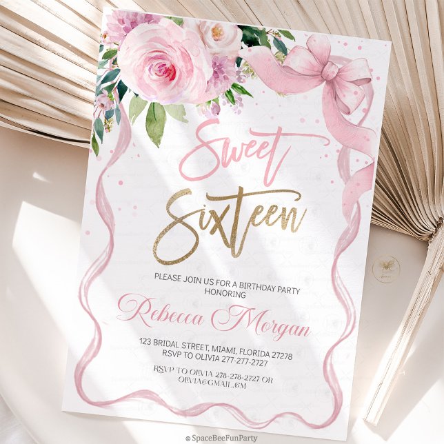 Sweet Sixteen 16th Einladung (Sweet Sixteen, Sweet 16 Invitation, 16th Birthday, Pink Bow Invitation, Floral Watercolor, Birthday )
