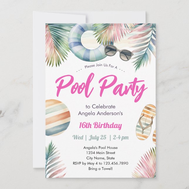 Sweet Sixteen Birthday Pool Party Invitation Einladung (Vorderseite)