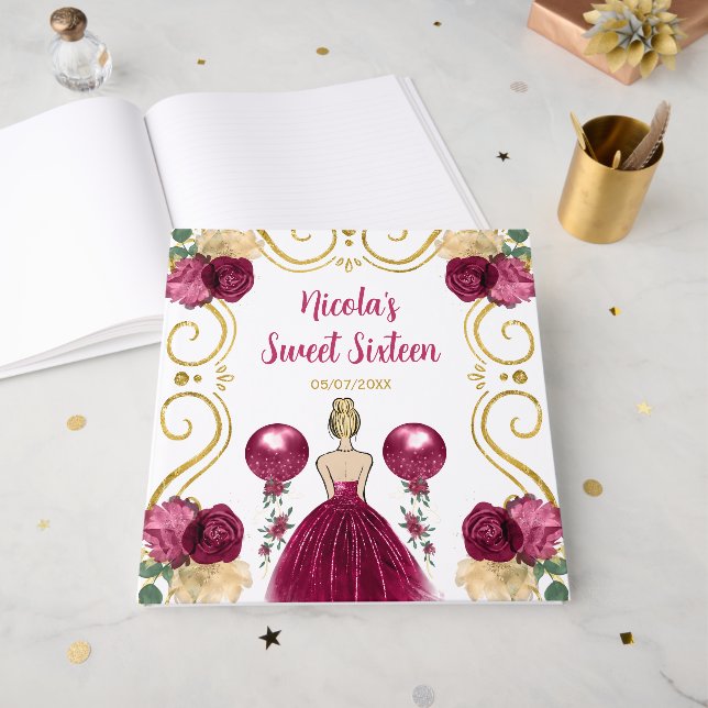 Sweet Sixteen Blonde Hair Princess in Burgundy Gästebuch (Vorderseite offen)