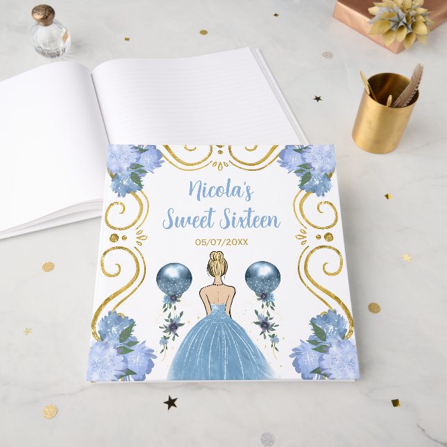 Sweet Sixteen Blonde Princess in Dusty Blue Gästebuch (Vorderseite offen)