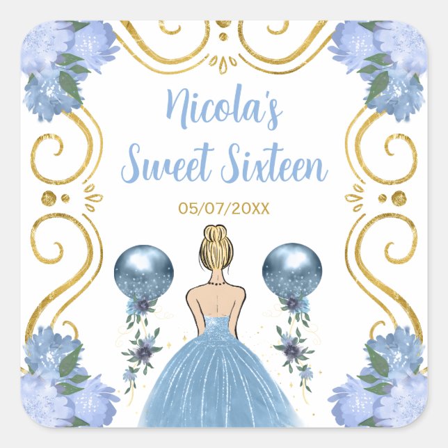 Sweet Sixteen Blonde Princess in Dusty Blue Quadratischer Aufkleber (Vorderseite)