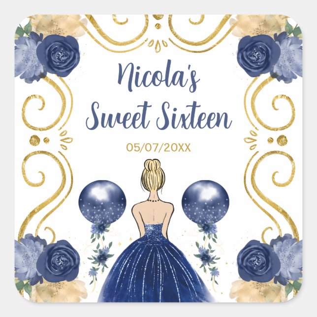 Sweet Sixteen Blonde Princess in Navy Blue Quadratischer Aufkleber (Vorderseite)