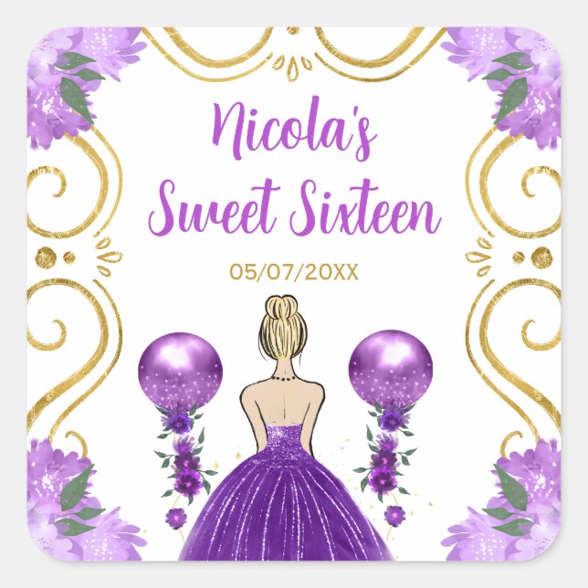 Sweet Sixteen Blonde Princess in Purple Quadratischer Aufkleber (Vorderseite)