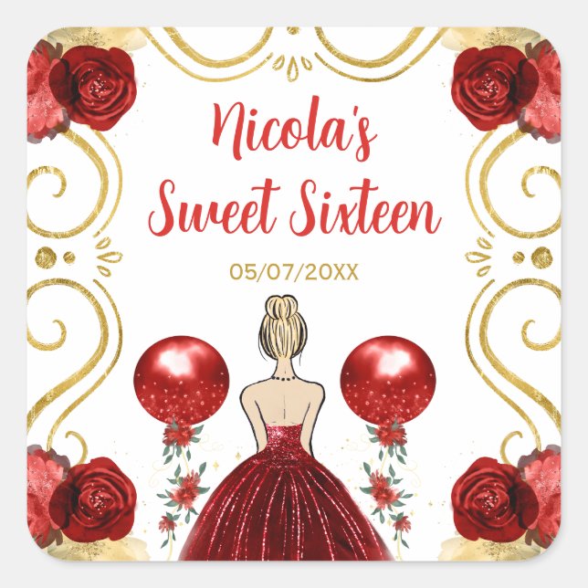Sweet Sixteen Blonde Princess in Red Quadratischer Aufkleber (Vorderseite)