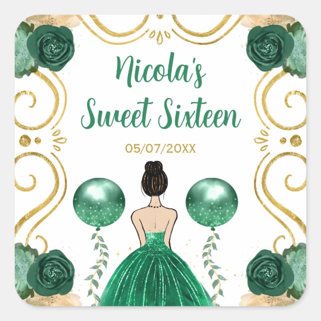 Sweet Sixteen Brown Hair Princess in Green Quadratischer Aufkleber (Vorderseite)