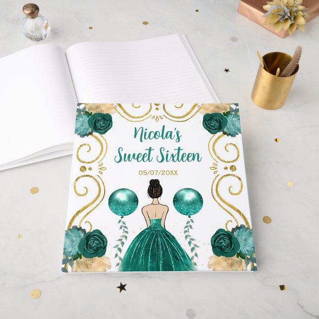 Sweet Sixteen Brown Hair Princess in Teal Gästebuch (Vorderseite offen)