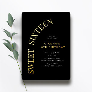 Sweet Sixteen Cooles schwarzes und goldenes 16. Folieneinladung