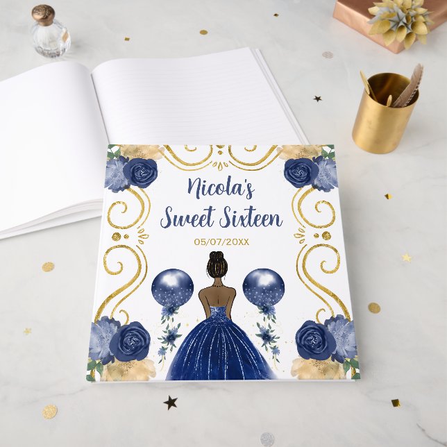 Sweet Sixteen Dark Skin Princess in Navy Blue Gästebuch (Vorderseite offen)